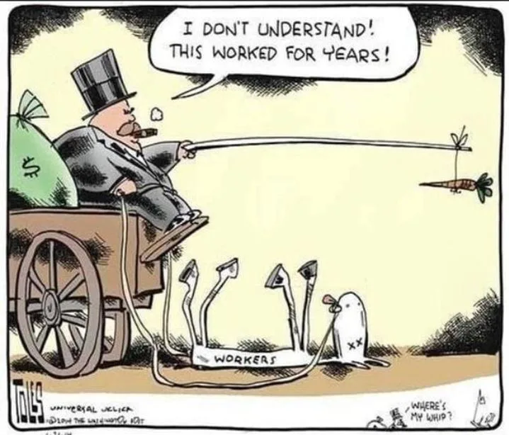 A cartoon depicts a wealthy man in a top hat and suit sitting in a carriage pulled by a group of skeletal, zombie-like…