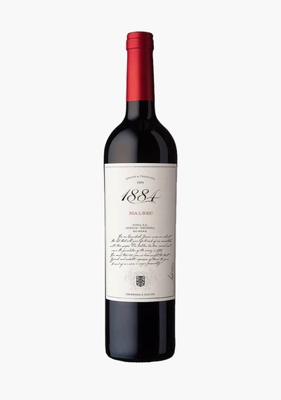 A bottle of red wine with a label prominently displaying '1884 MALBEC' and a vintage year of 1884. The label includes a…