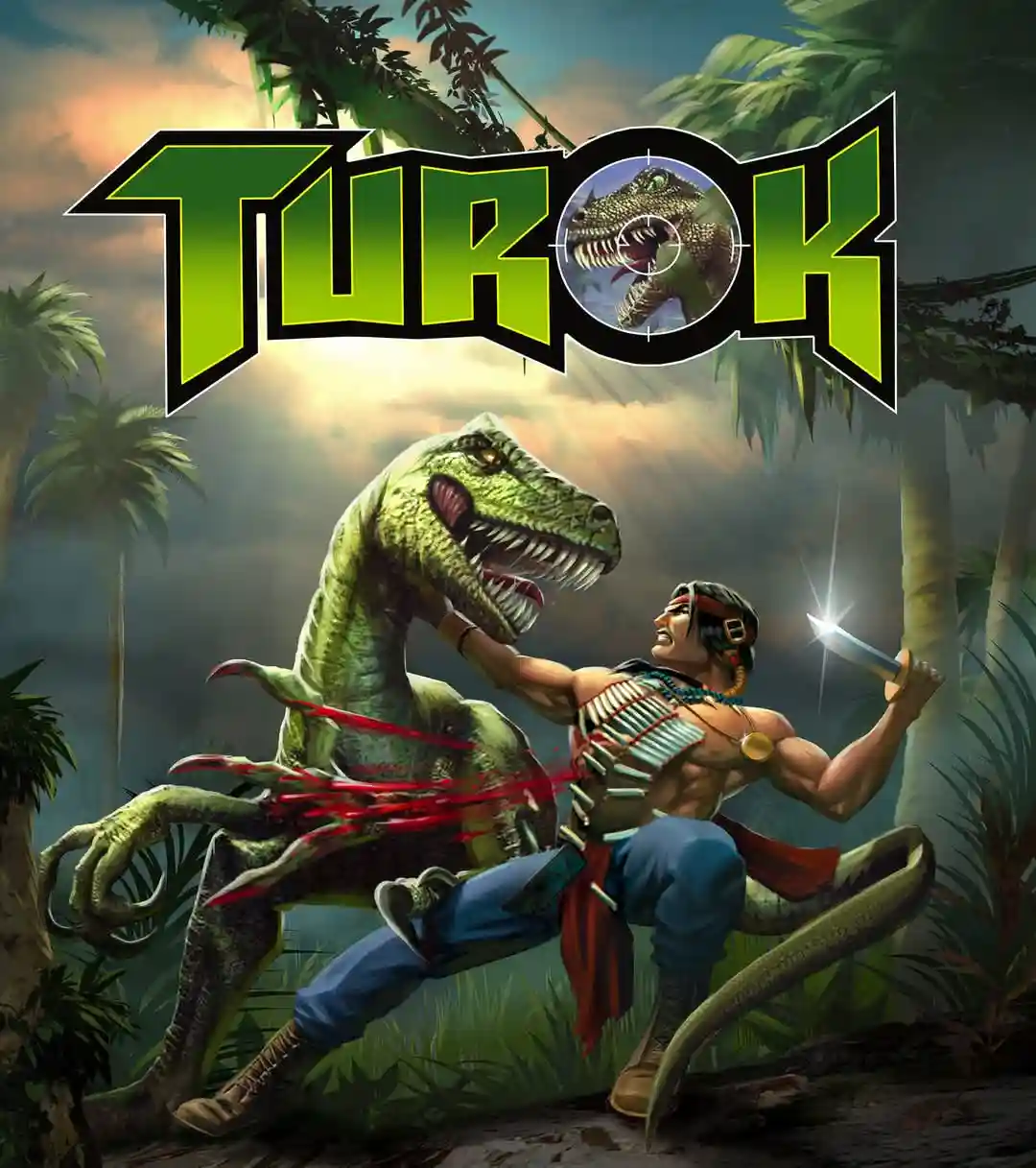 A muscular indigenous warrior in tribal armor and blue pants fights a large green dinosaur in a jungle setting, holding a…