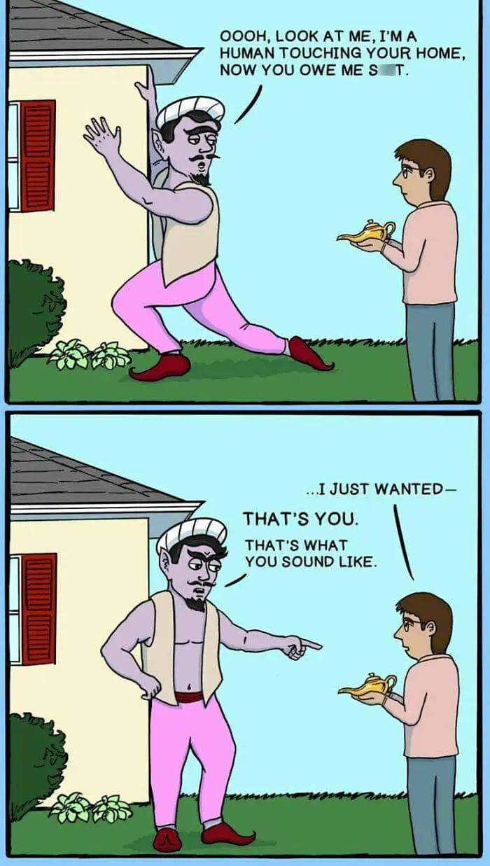 A two-panel comic shows a genie in pink pants and a white turban reacting to a human holding a lamp. In the first panel, the…