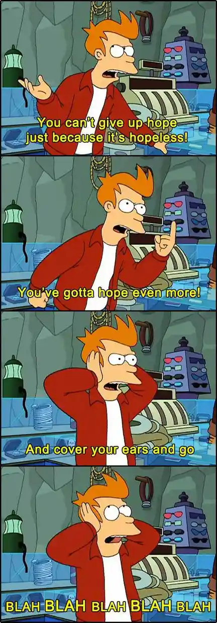 A four-panel comic strip featuring the animated character Fry from Futurama. In the first panel, he speaks passionately with…