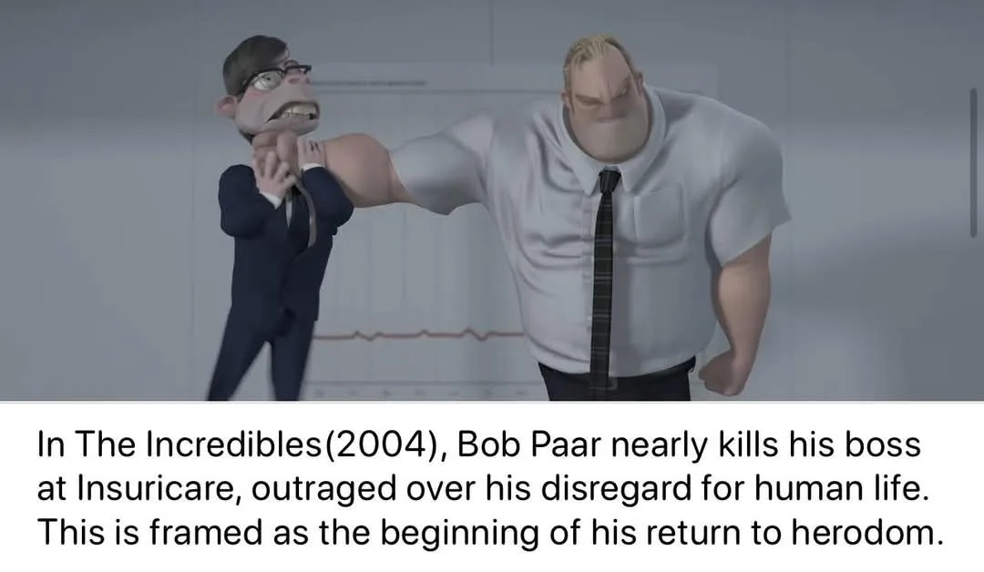 An animated scene from 'The Incredibles' (2004) shows a muscular man in a white shirt and tie grabbing the collar of a…
