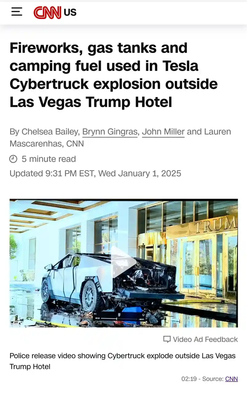 A screenshot of a CNN news article shows a severely damaged white Tesla Cybertruck with its front end destroyed, parked in…