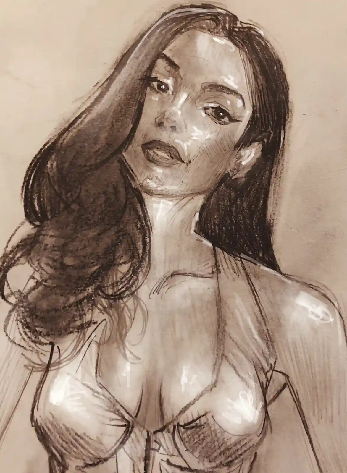 A sepia-toned sketch depicts a woman with long dark hair and a confident gaze, wearing a revealing top. The image has white…