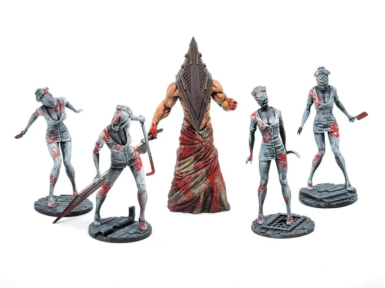 Five painted miniature figures from a horror game are shown against a white background. The central, tallest figure wears a…