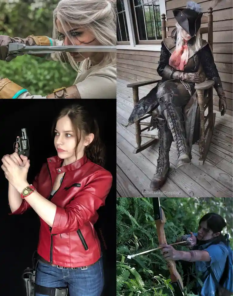 A collage of four images: a woman with blonde hair holding a sword, a woman in pirate cosplay sitting in a rocking chair, a…