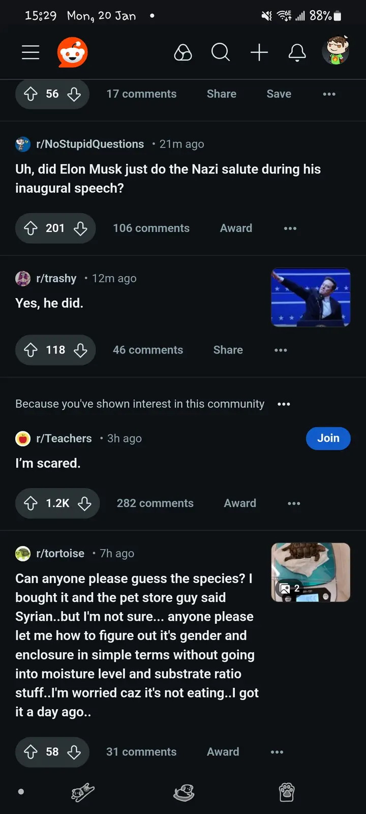 A screenshot of a Reddit thread shows a user asking if Elon Musk made a Nazi salute gesture during a speech, and another…