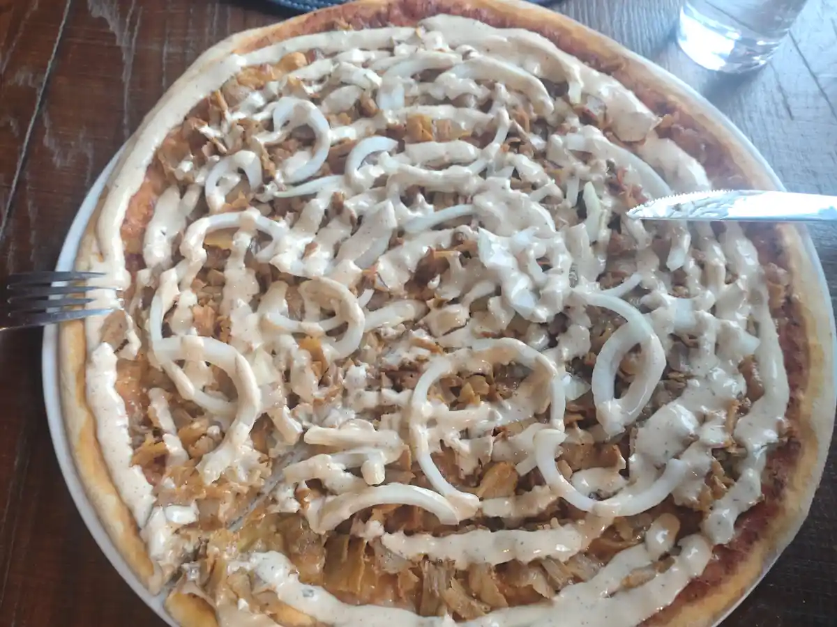 A close-up photo of a round pizza on a white plate, topped with shredded meat, sliced onions, and a thick white sauce…