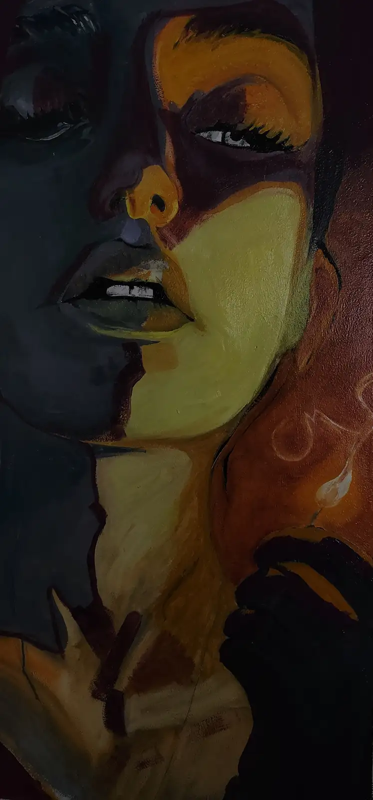 A stylized painting depicts a person's face in profile, rendered with bold, expressive brushstrokes and a palette of dark…