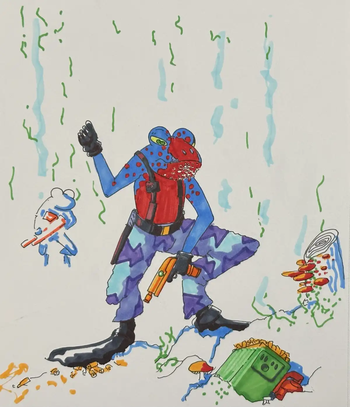 A hand-drawn, colorful cartoon depicts a blue frog-like soldier with red spots, wearing a red vest and holding an orange…