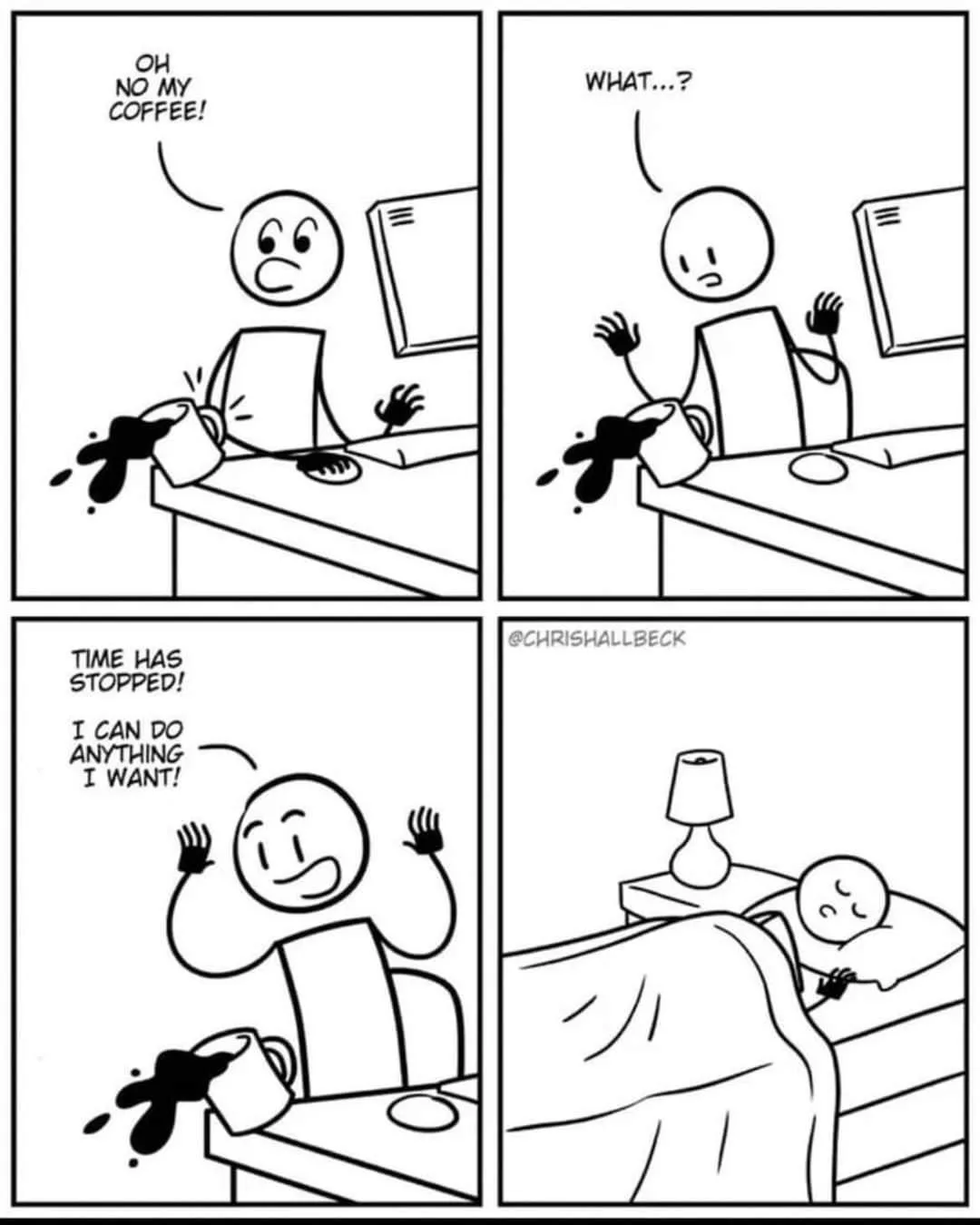 A four-panel black-and-white comic strip shows a stick figure character reacting to spilling coffee. In the first panel…
