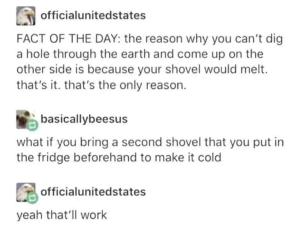 A screenshot of a social media thread shows 'officialunitedstates' stating the only reason you can't dig through the earth…