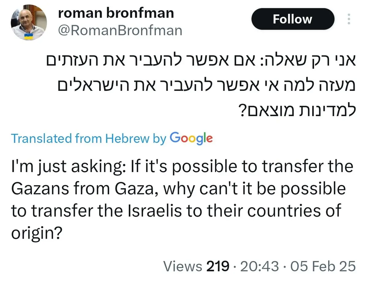 A screenshot of a tweet by Roman Bronfman showing a Hebrew text asking why transferring Gazans from Gaza is acceptable but…