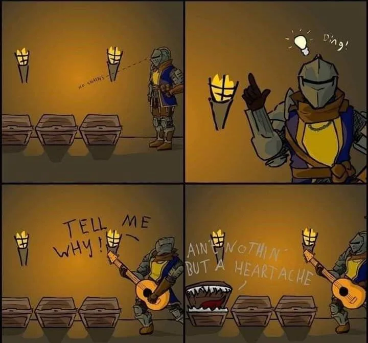 A four-panel comic shows a knight in armor standing before three unmarked chests. In the first panel, he notices the chests…