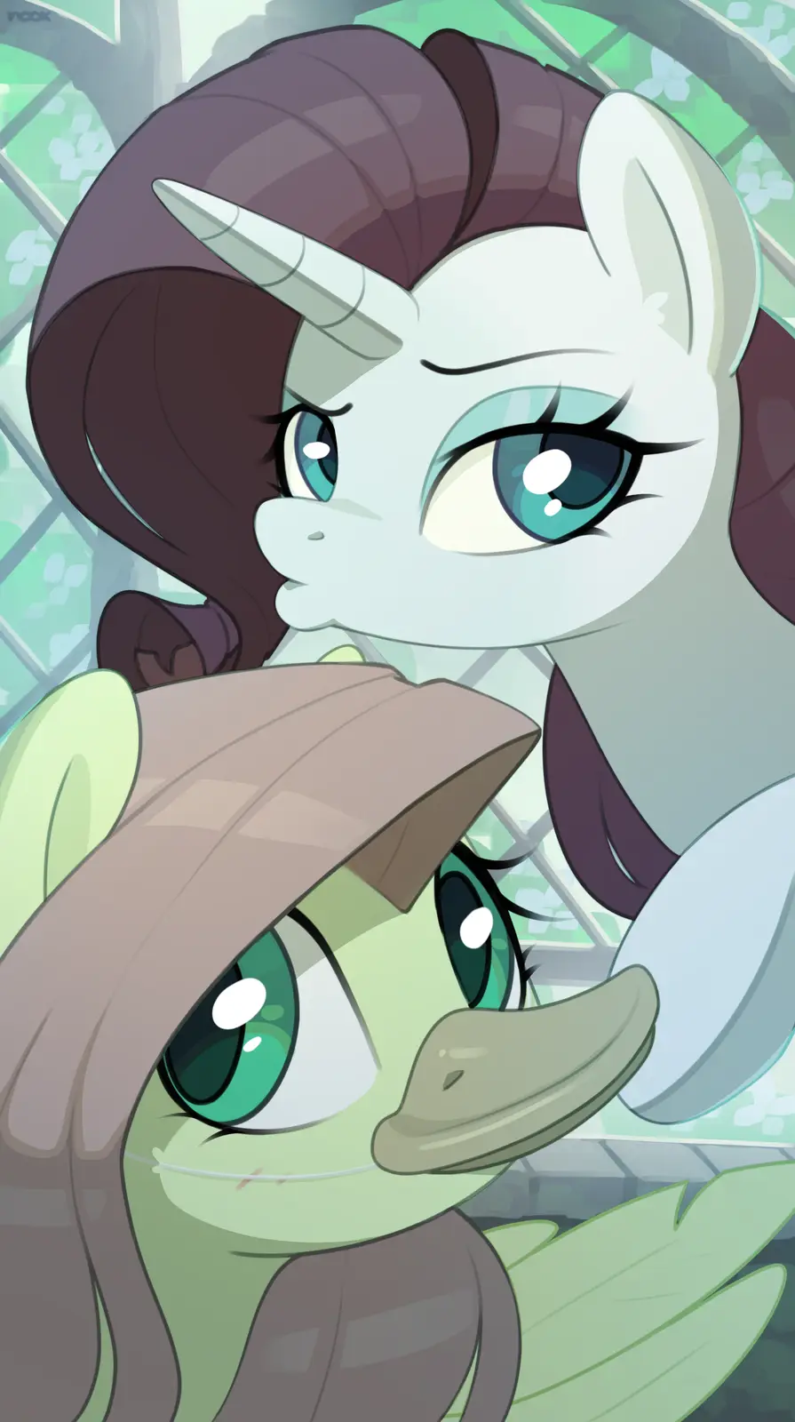 A close-up image shows two cartoon ponies: a white unicorn with purple hair and a stern expression looking down at a green…