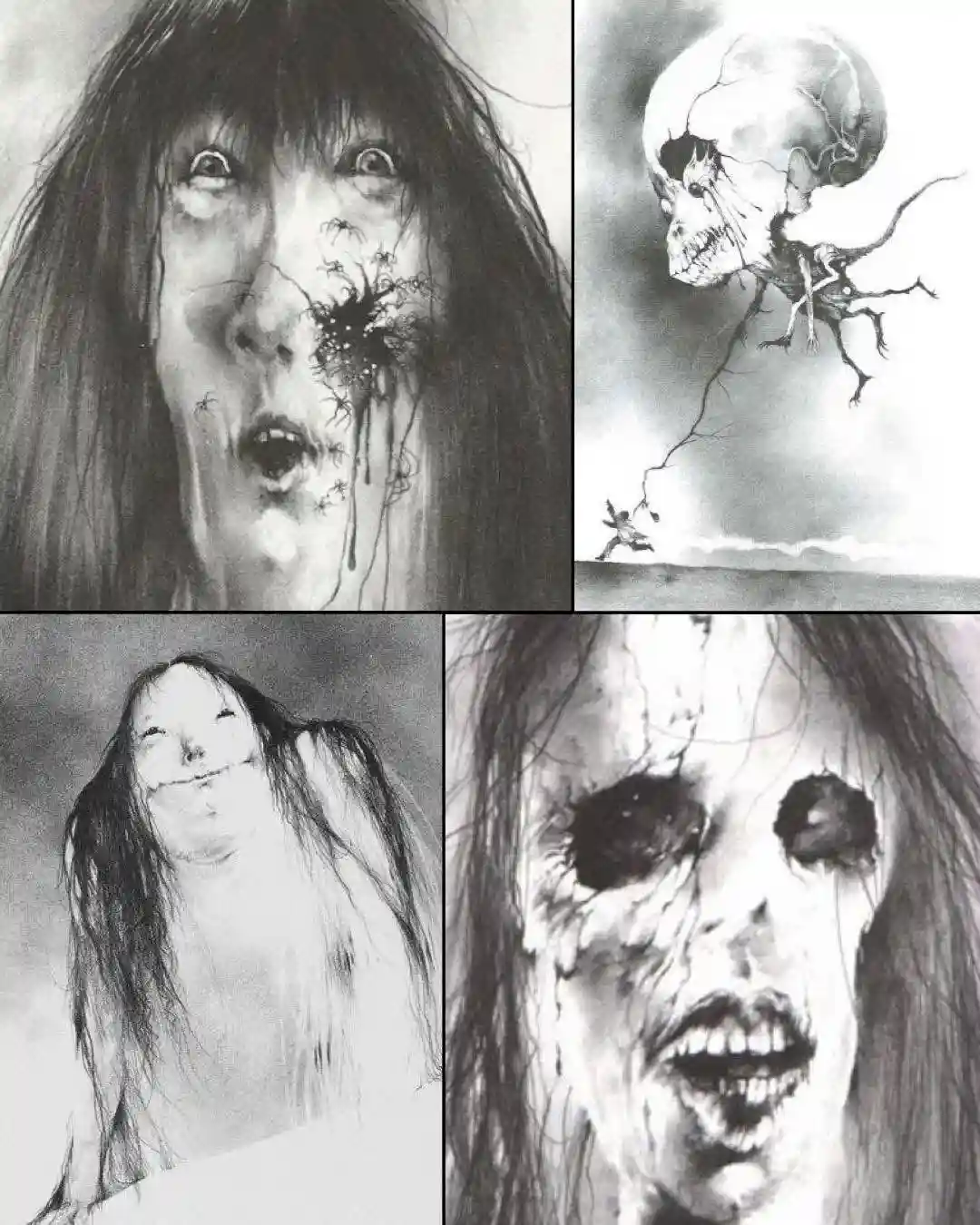 A four-panel black-and-white horror art collage featuring grotesque, unsettling imagery: a woman with spider-like growths on…