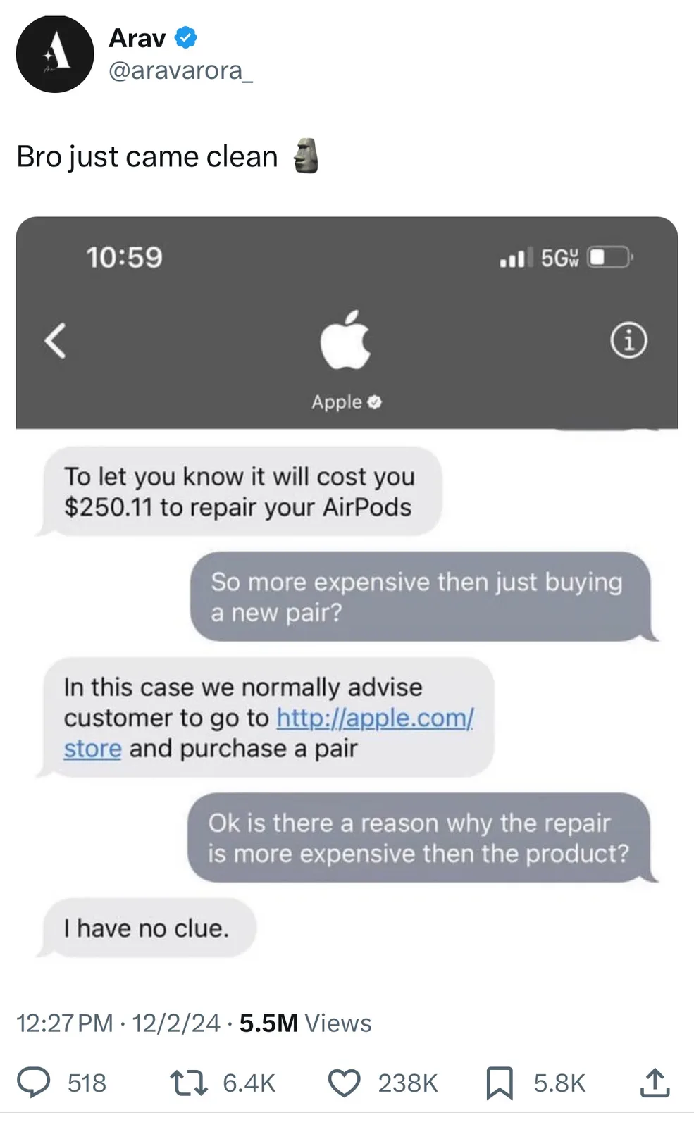 A screenshot of a text conversation between a user and Apple Support shows the user asking why repairing their AirPods costs…