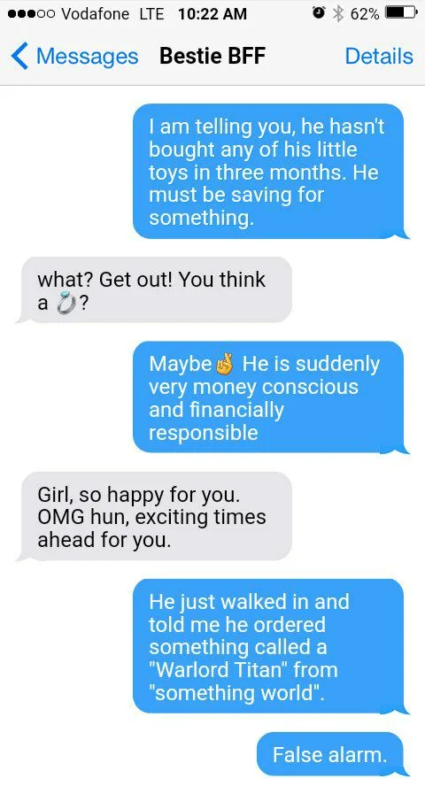 A screenshot of a text message conversation between two friends, where one friend speculates her boyfriend is saving up for…