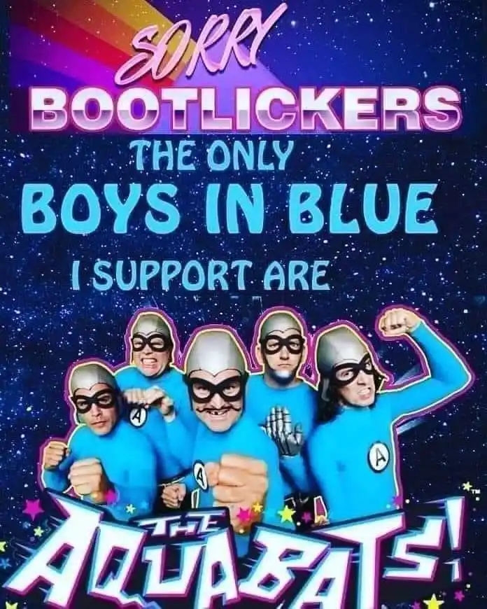 An image of five men in blue superhero costumes with silver helmets and black masks, posing confidently against a starry…