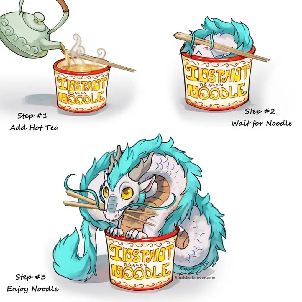 A three-step illustrated guide shows a cartoon dragon interacting with an instant noodle cup. Step one shows hot tea being…