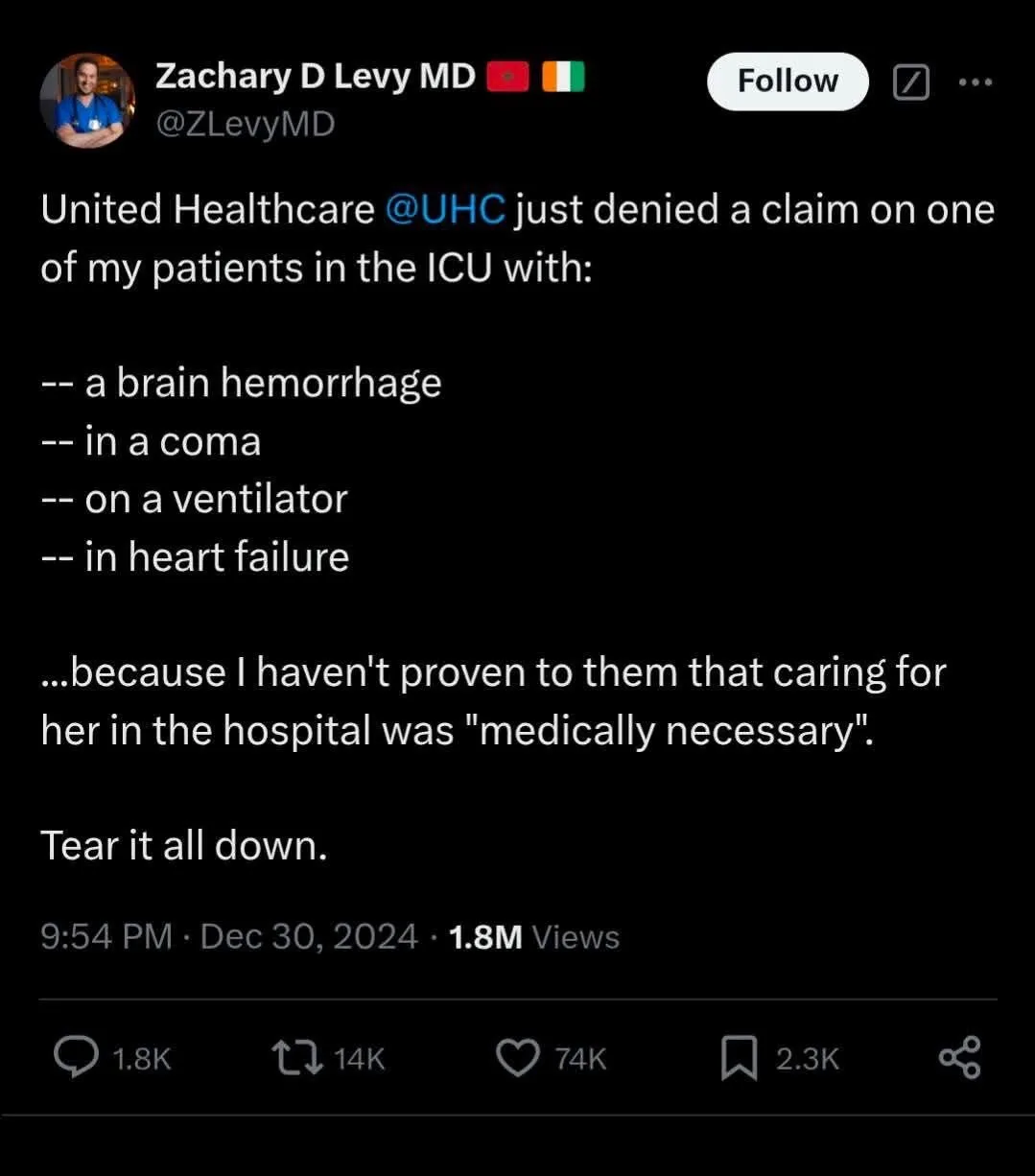 A screenshot of a tweet by Dr. Zachary D Levy MD detailing how United Healthcare denied a medical claim for a patient in…