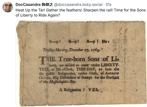 An aged, yellowed historical document from December 17, 1765, titled 'THE True-born Sons of Liberty,' announcing a meeting…