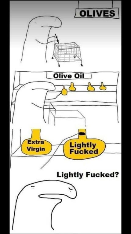 A three-panel comic shows a person shopping for olive oil. The first panel shows them pushing a cart labeled 'OLIVES'. The…