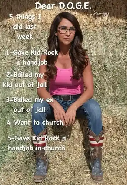 A woman with glasses, wearing a pink tank top, blue jeans, and patriotic cowboy boots, sits on a hay bale. Overlaid text…
