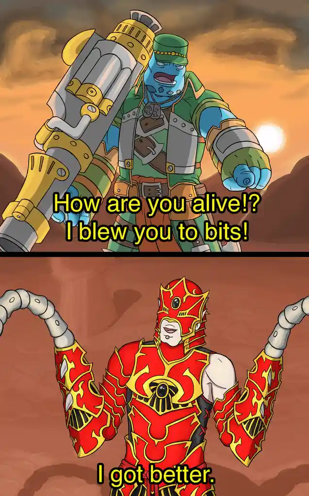 The top panel shows a blue-skinned, green-clad soldier with a massive cannon, shouting 'How are you alive!? I blew you to…