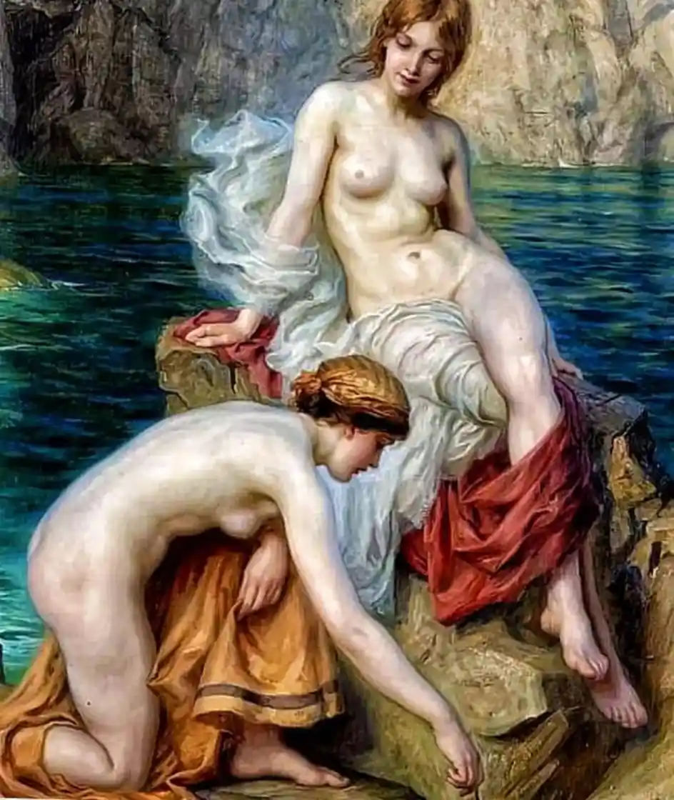 A classical painting depicts a nude woman sitting on a rock by water, looking down at another nude woman who is bent over…