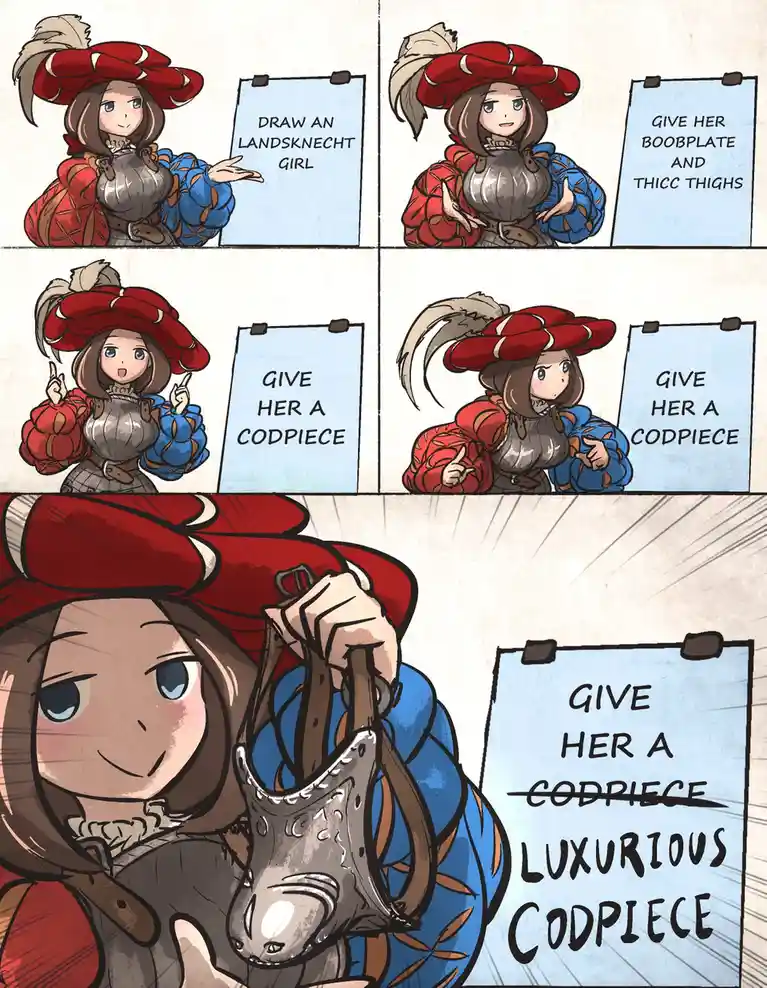 A comic strip shows a female Landsknecht character progressively adding increasingly absurd requests to a drawing prompt…