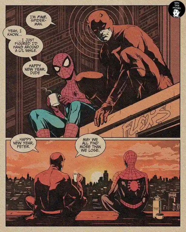 A comic book panel shows Spider-Man and Daredevil sitting on a rooftop ledge, holding mugs, in a quiet, reflective moment…