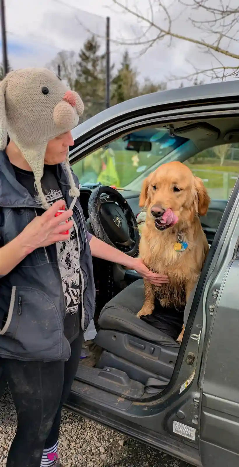A person wearing a knitted bunny hat stands beside an open car door, holding a can and petting a golden retriever sitting in…