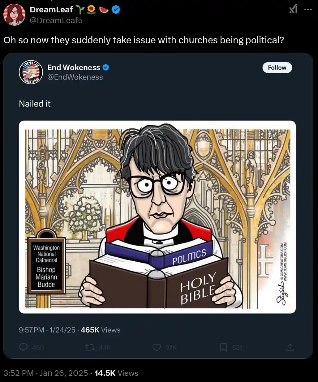 A cartoon depicts Bishop Mariann Budde, identified by a sign as being at Washington National Cathedral, holding an open book…