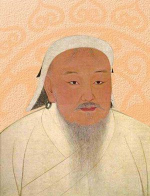 A historical portrait of Genghis Khan, depicted with a long white beard and traditional attire, overlaid with text that…