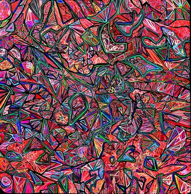 The image is a vibrant, abstract digital artwork filled with overlapping, neon-colored geometric shapes like triangles and…