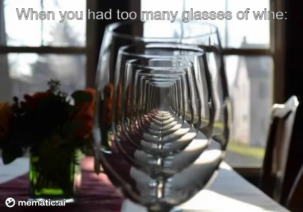 A row of empty wine glasses on a table, receding into the distance in a perspective shot, with text overlaid at the top…