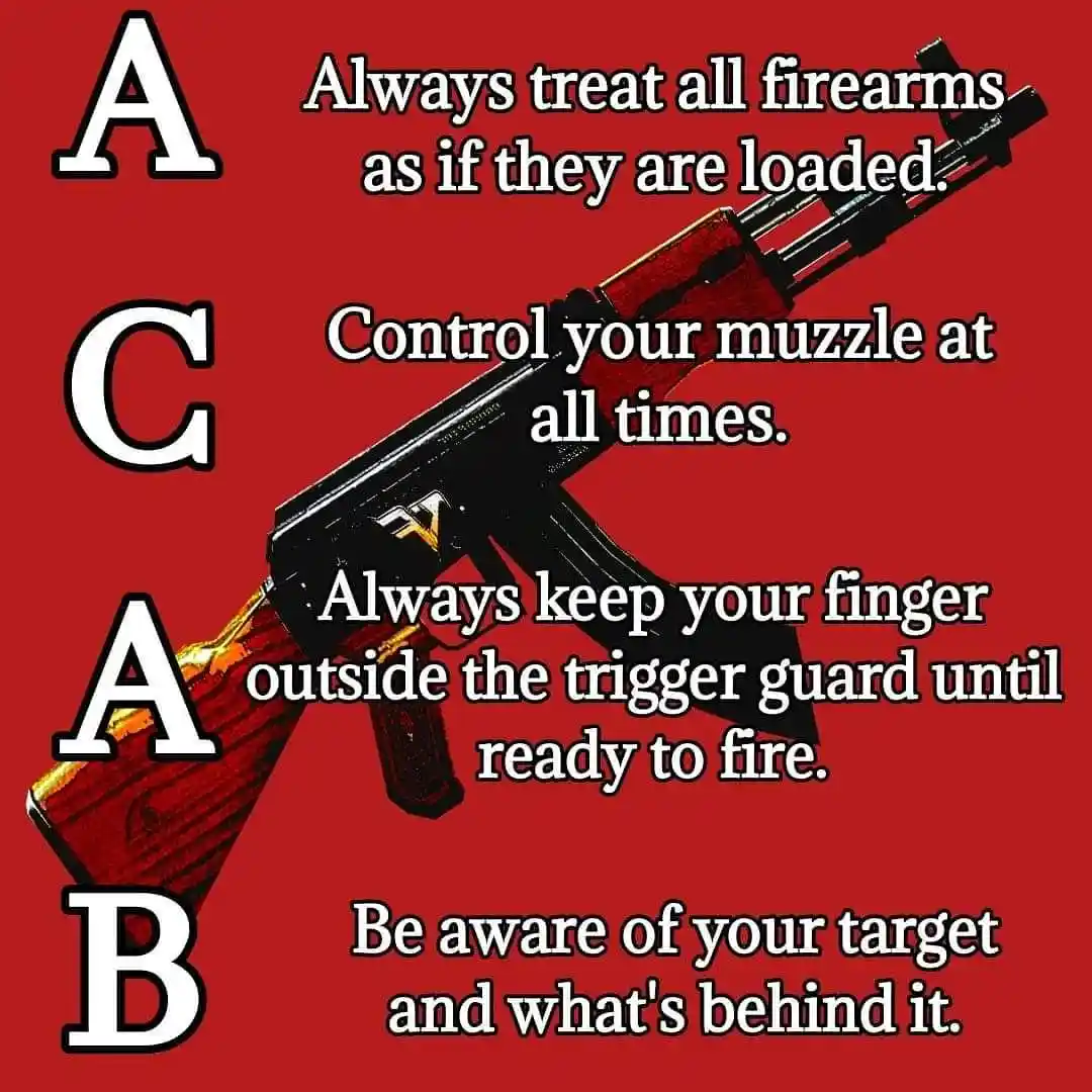 A red background features a black and wood-patterned AK-style rifle diagonally. Large white letters A, C, A, B are…