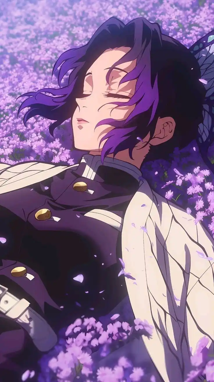 An anime character with purple hair and butterfly wings lies peacefully in a field of purple flowers, eyes closed with a…