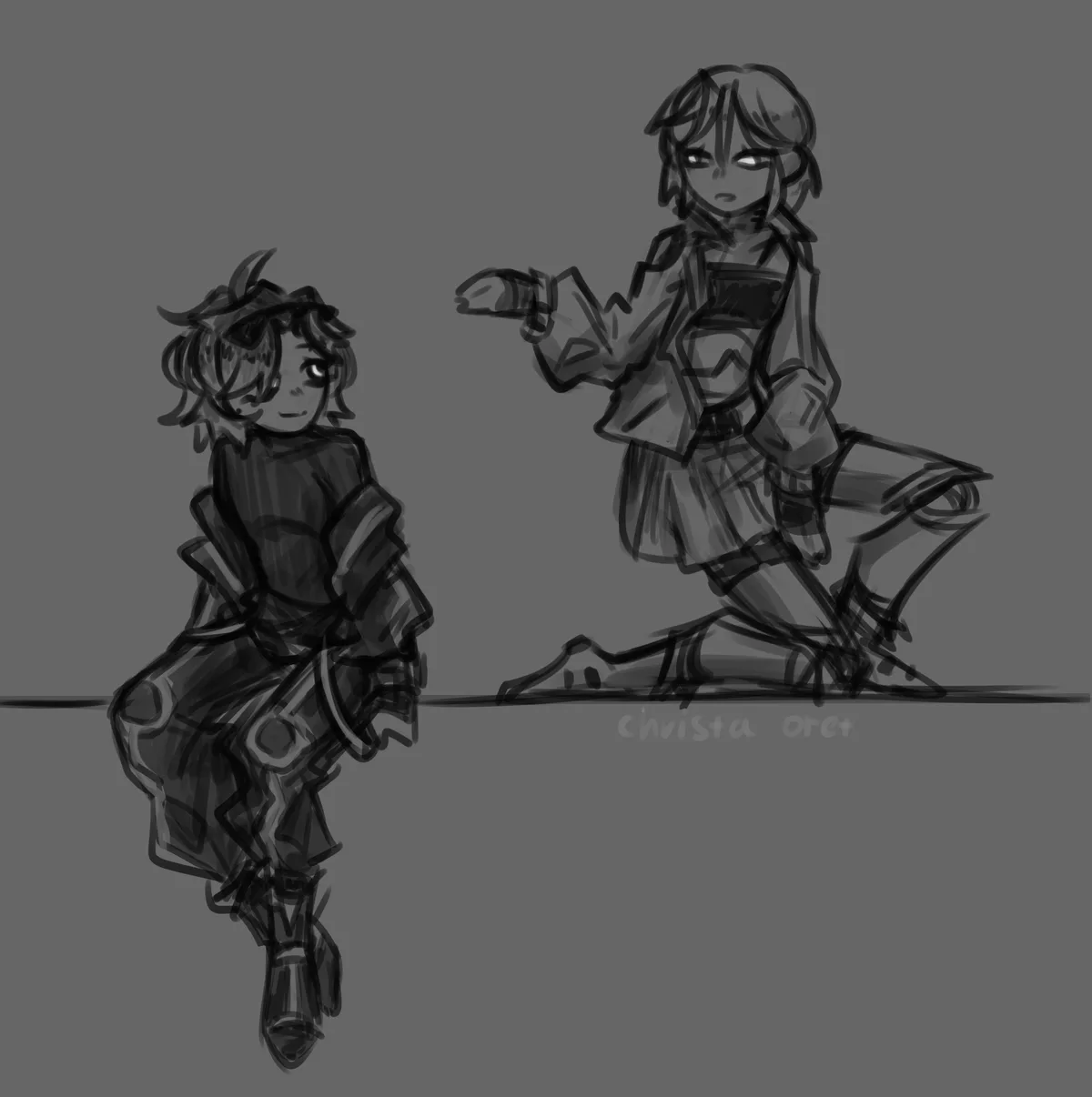 A grayscale sketch shows two anime-style characters sitting on opposite sides of a thin horizontal line. The character on…