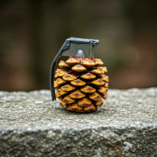 A pinecone with a military-style grenade pin and lever attached to its top, sitting on a rough stone surface. The overlaid…