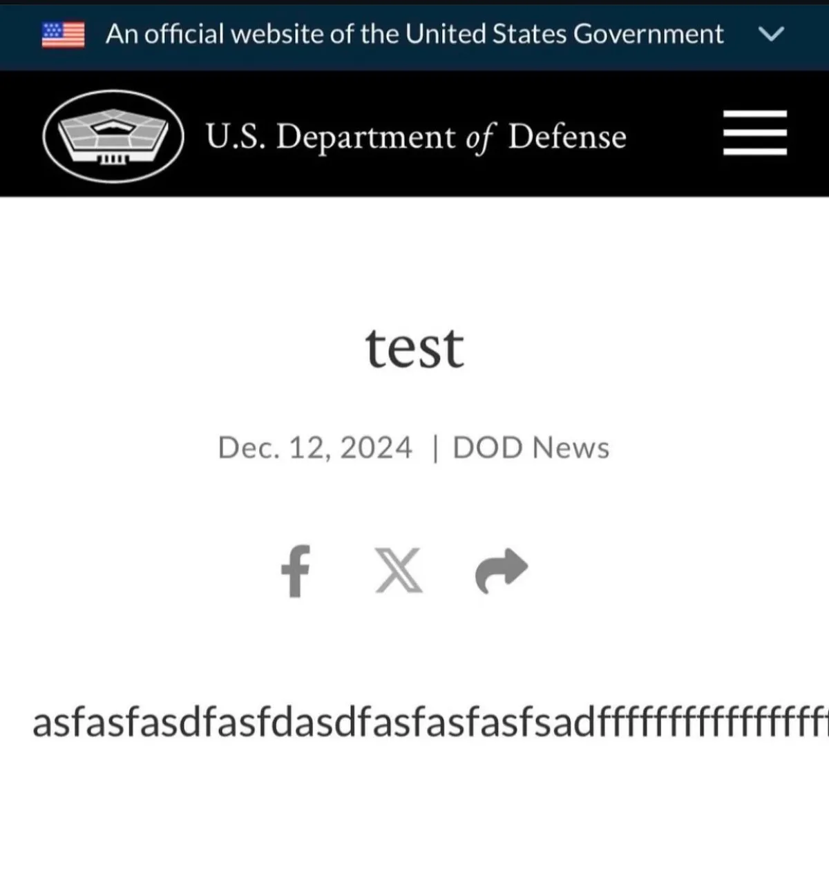 An image of a fake U.S. Department of Defense website header with a 'test' article dated Dec. 12, 2024, featuring a…