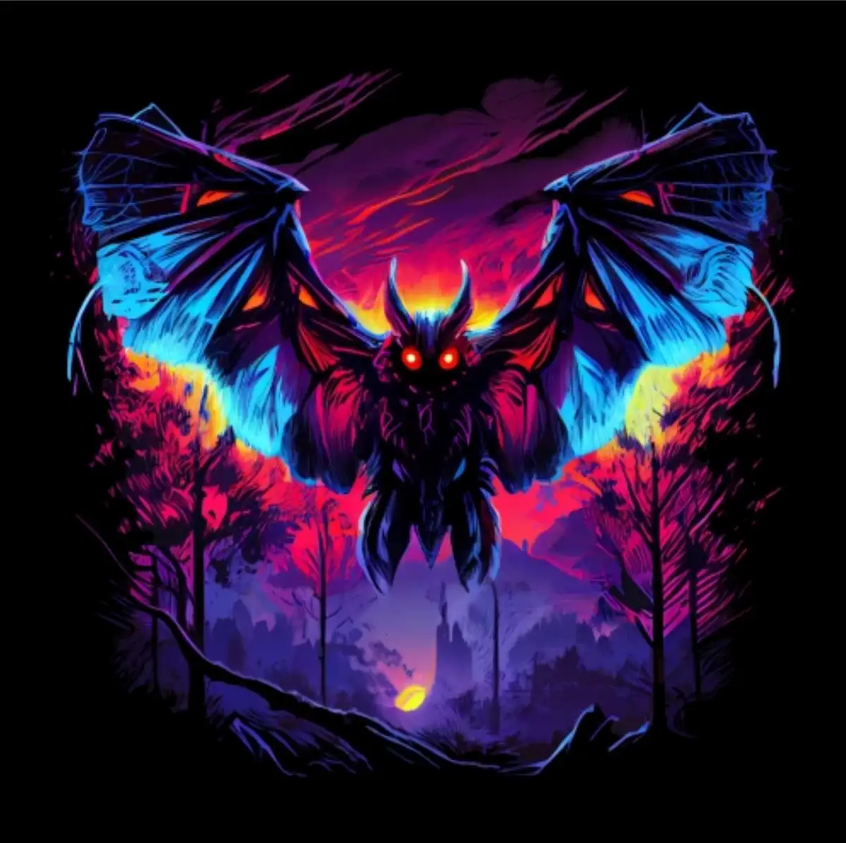 A stylized, menacing bat-like creature with glowing red eyes and large, intricate wings dominates a dark, neon-lit forest…
