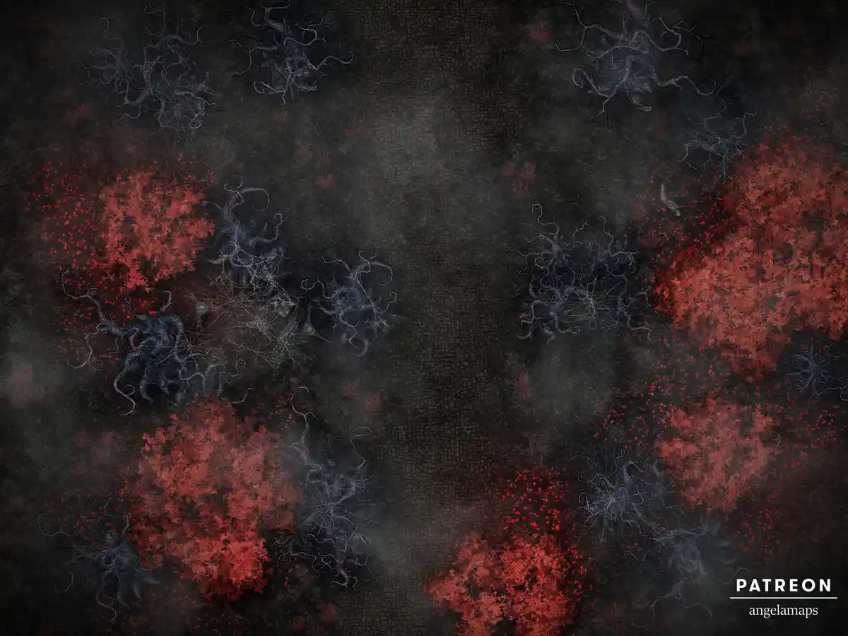 A dark, top-down fantasy map shows a central path flanked by clusters of twisted, gnarled trees with red foliage and…