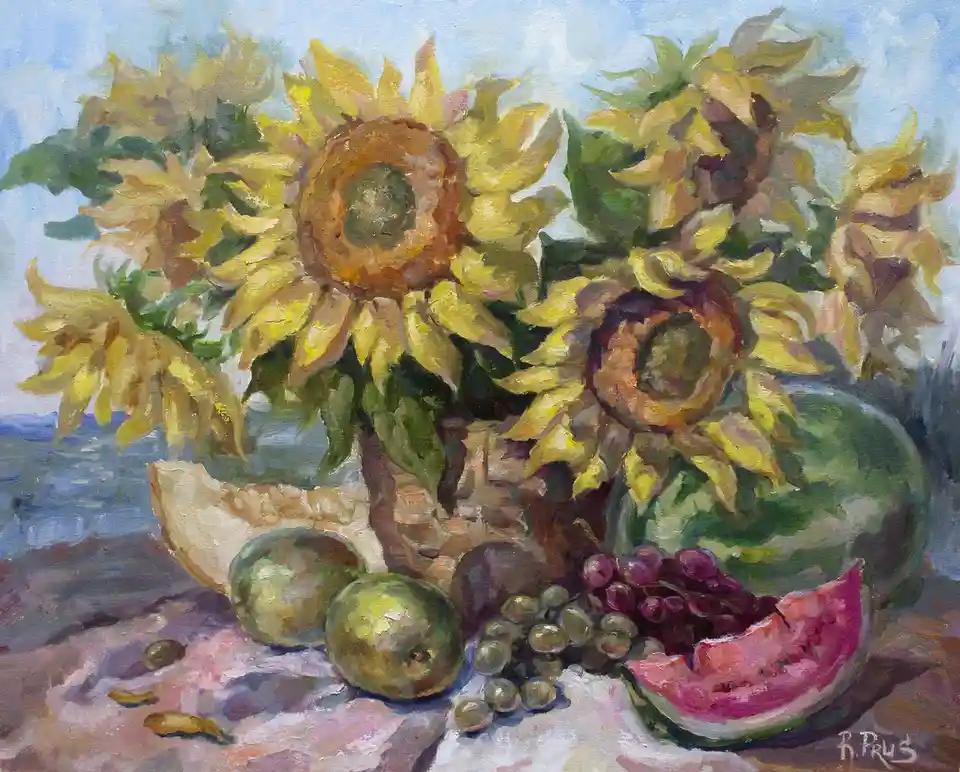 A still life oil painting shows sunflowers in a vase alongside various fruits including watermelon, grapes, and apples…