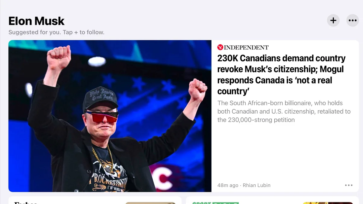 A screenshot of a news article from The Independent shows Elon Musk with both fists raised in the air, wearing a 'Make…