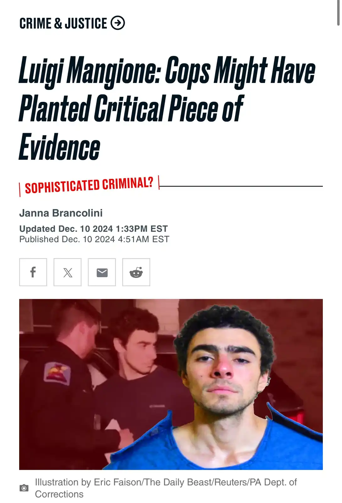 A screenshot of a news article about Luigi Mangione, featuring a photo of him in a blue shirt with a serious expression…