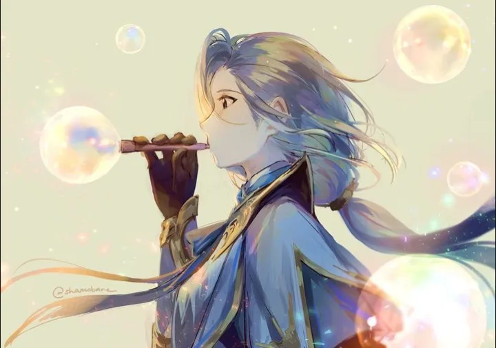 An anime-style illustration shows a young person with long, flowing blue and gold hair, wearing a detailed blue and gold…