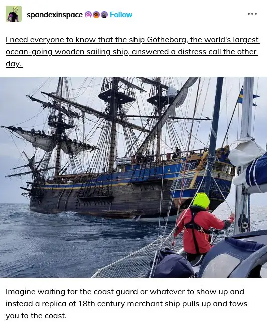 A large wooden sailing ship, identified as the Götheborg, is shown on the ocean with a person in a red jacket and yellow…