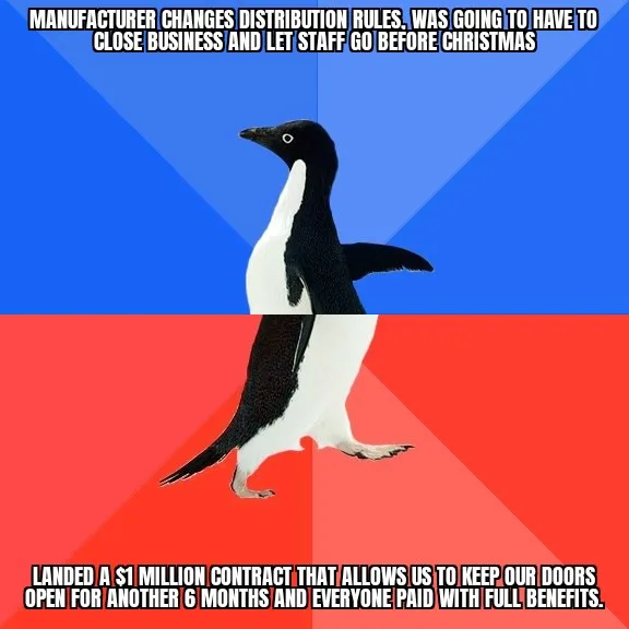A penguin stands in a split-screen image with a blue top half and red bottom half. The top text reads 'MANUFACTURER CHANGES…
